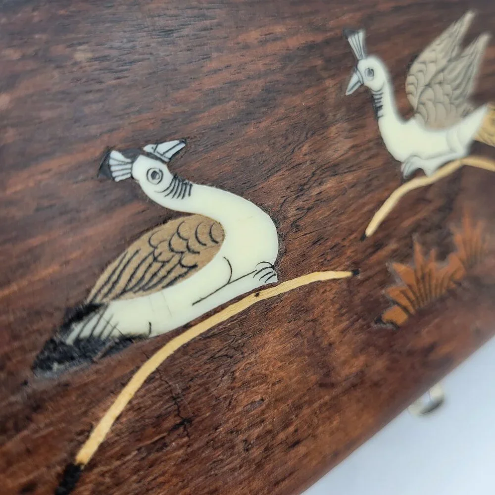 Vintage Handcrafted Wooden Jewelry Trinket Box Inlaid Peacock Design Metal Latch